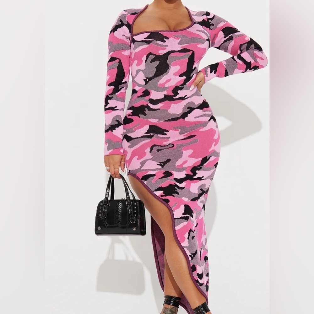Pink Camouflage Long Sleeve Dress